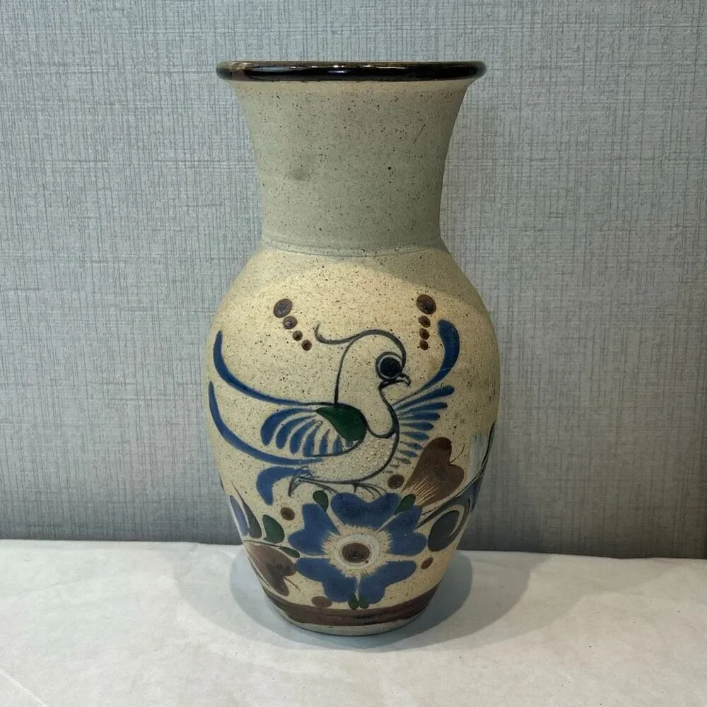 Tonala Pottery Vase Mexico Bird Flowers Folk Art Handmade Sandstone Beige Brown